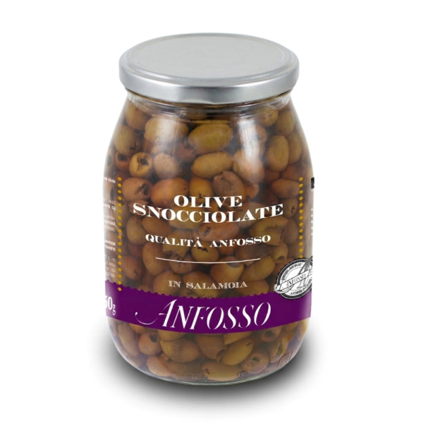 Olive denocciolate qualità Anfosso conservate in salamoia in barattolo di vetro. Venduto da Orobica Food.