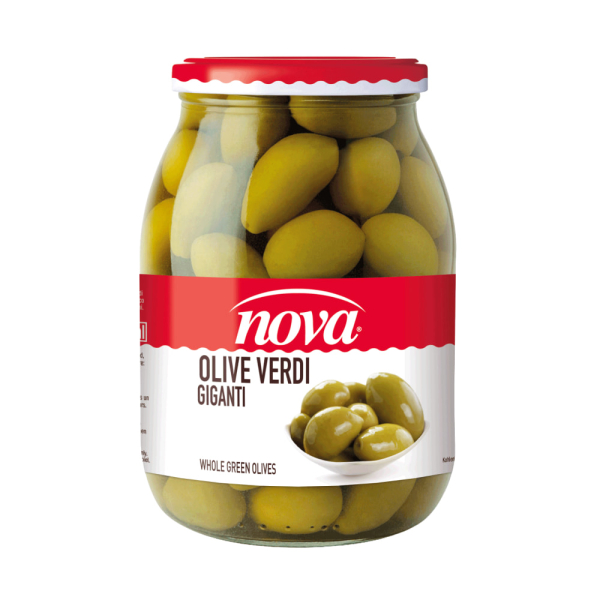 Vasetto di vetro, marchio Nova, contenente olive verdi giganti. Venduto da Orobica Food.