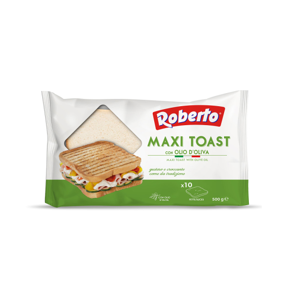 Pane a fette con olio d'oliva per maxi toast da 500 g, fette ampie e spesse di colore chiaro con crosta sottile, confezione in sacchetto. Venduto da Orobica Food.