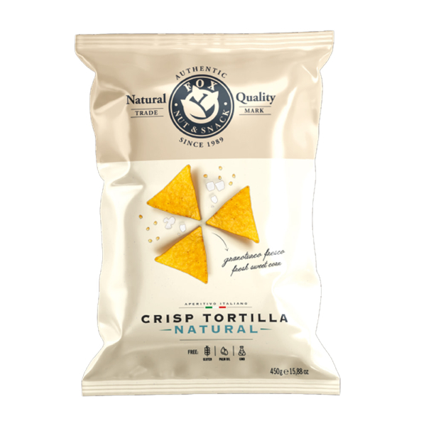 Sacchetto di tortilla chips gusto naturale Fox Italia, snack croccante a base di mais. Venduto da Orobica Food.
