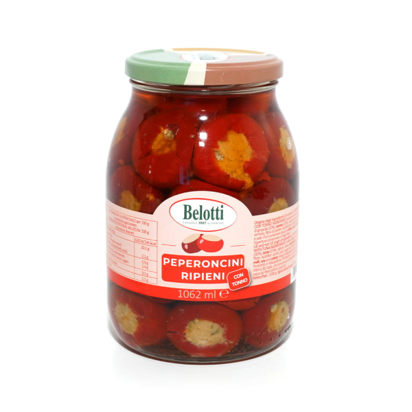 Vaso Belotti di peperoncini ripieni al tonno in olio di girasole da 1062 ml, ideali come antipasto sfizioso o per aperitivi. Venduto da Orobica Food.