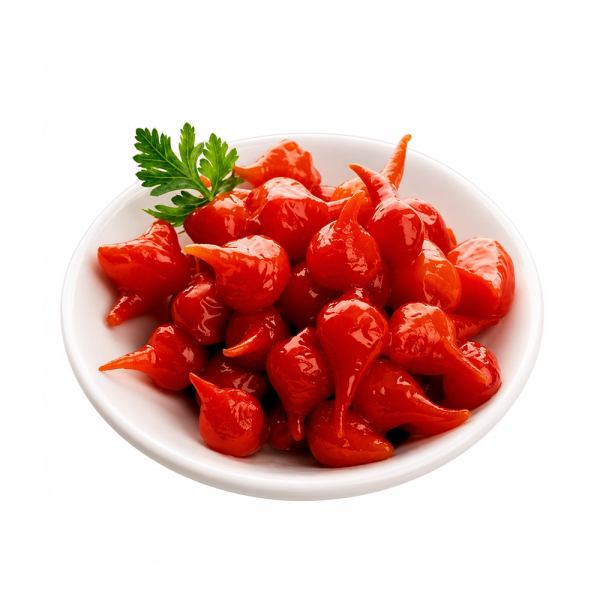 Ciotola di piccoli peperoni rossi in agrodolce dal colore brillante e dalla consistenza croccante, ideali per antipasti, aperitivi e decorazioni di piatti gourmet. Venduto da Orobica Food.