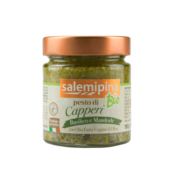 Vasetto contenente pesto di capperi con basilico e mandorle. Venduto da Orobica Food.