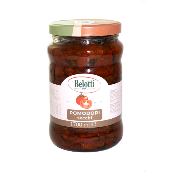 Vaso Belotti di pomodori secchi in olio di semi di girasole da 1700 ml, dal gusto intenso, perfetti per antipasti e ricette mediterranee. Venduto da Orobica Food.