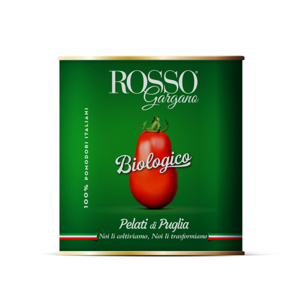 Latta contenente pomodori pelati interi italiani biologici. Venduto da Orobica Food.