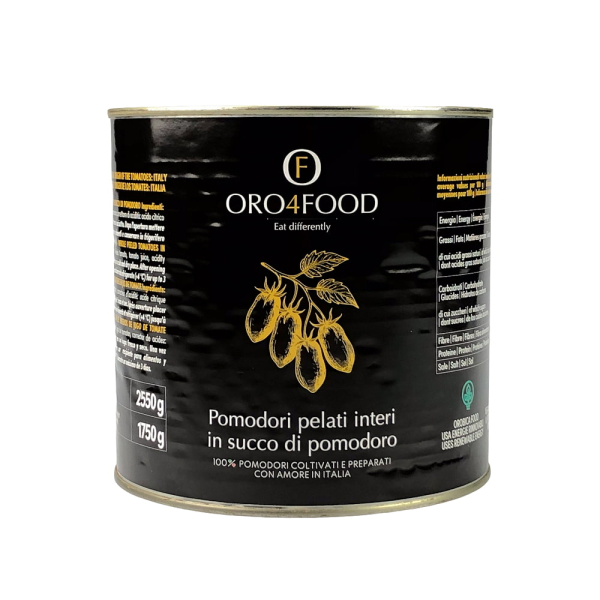 Lattina metallica da 2,55 kg con pomodori pelati interi Oro4Food. Vednuto da Orobica Food.