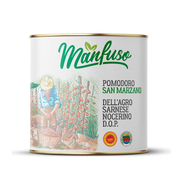Latta contenente pomodori pelati, pomodoro di San Marzano. Venduto da Orobica Food.