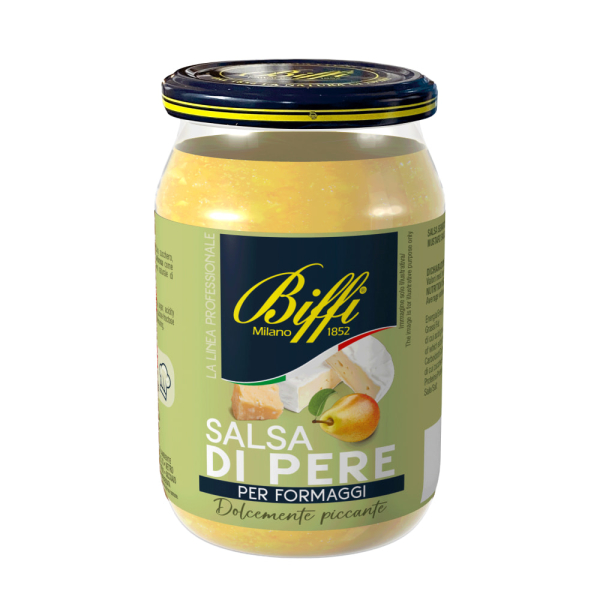 Vasetto di vetro da 650 g contenente la salsa di pere per formaggi, dolcemente piccante. Venduto da Orobica Food.