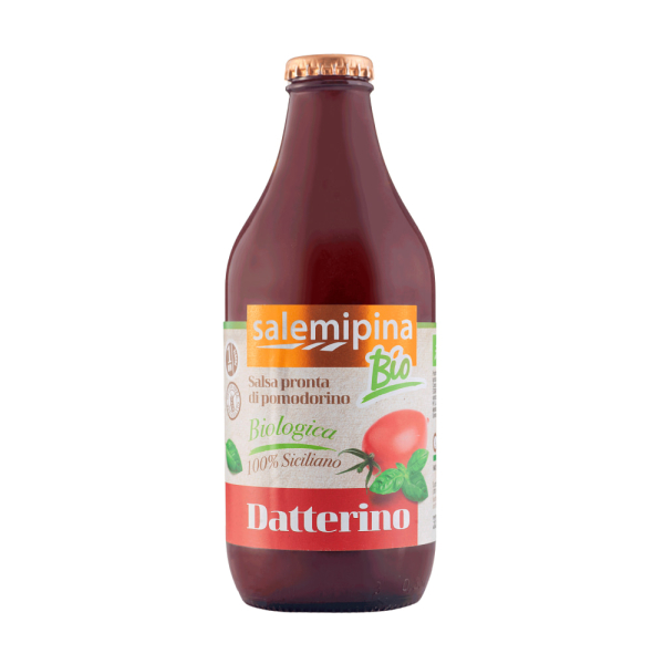 Bottiglia di vetro contenente la salsa pronta di pomodorino datterino 100% italiano. Venduto da Orobica Food.