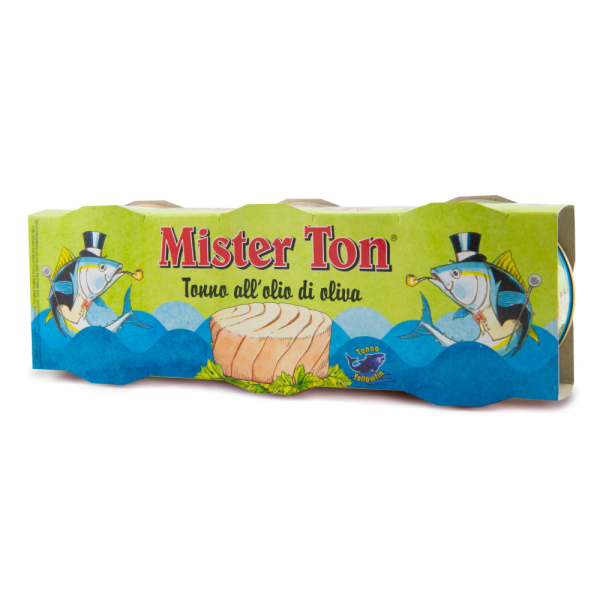 Confezione Mister Ton di tonno all’olio di oliva, con tranci di tonno yellowfin in lattina. Venduto da Orobica Food.
