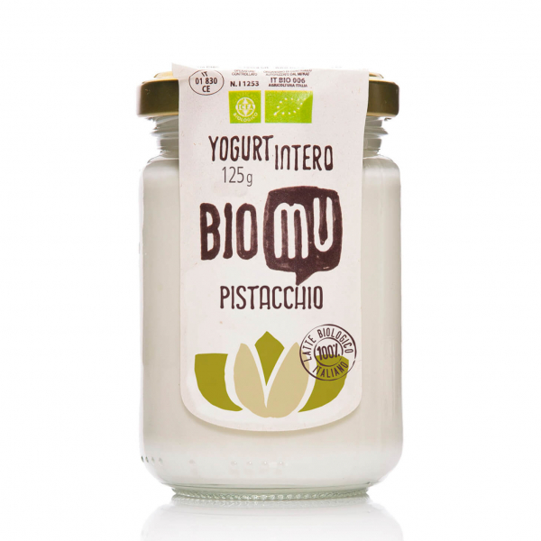 yogurt biologico intero al pistacchio, in vasetto di vetro richiudibile e 100% riciclabile venduto da Orobica Food.
