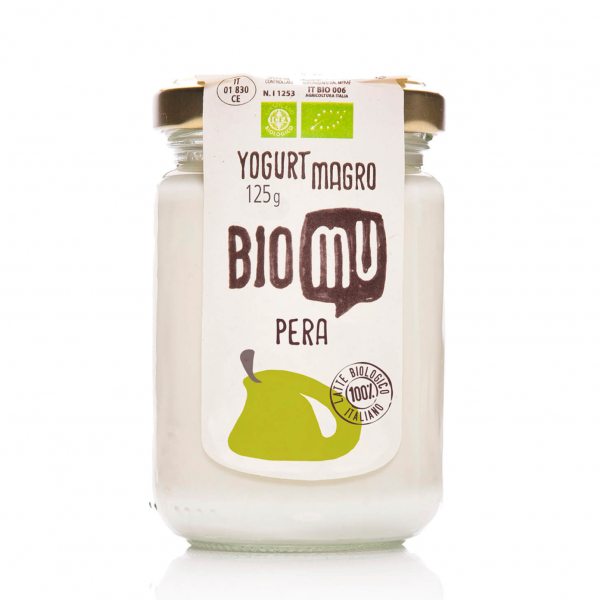 yogurt magro biologico alla pera, in vasetto di vetro richiudibile e 100% riciclabile venduto da Orobica Food
