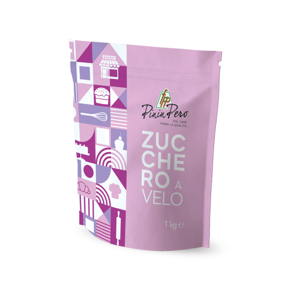 Busta Pinin Pero di zucchero a velo da 1 kg, fine e leggero, perfetto per decorazioni e preparazioni di pasticceria. Venduto da Orobica Food-