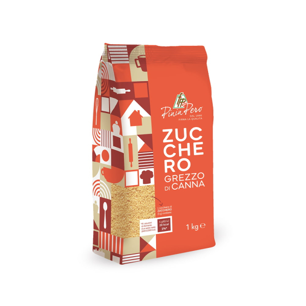 Confezione Pinin Pero di zucchero grezzo di canna da 1 kg, dal gusto intenso perfetto per dolci e ricette naturali. Venduto da Orobica Food.