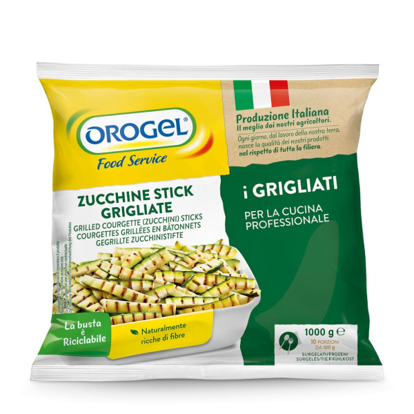 Confezione Orogel Food Service di zucchine stick grigliate surgelate, formato da 1 kg per uso professionale. Venduto da Orobica Food.