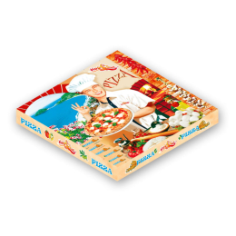 Cartone per pizza con illustrazione a colori in stile disegno: un pizzaiolo sorridente all’interno del locale, davanti a un forno a legna, tiene in mano un piatto con una pizza appena sfornata e fa il gesto “OK” con l’altra mano. Sul banco di lavoro sono 