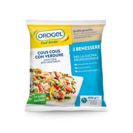 Confezione Orogel Food Service di cous cous con verdure surgelato, formato da 1 kg. Venduto da Orobica Food.