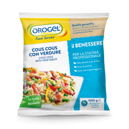 Confezione Orogel Food Service di cous cous con verdure surgelato, formato da 1 kg. Venduto da Orobica Food.