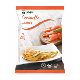 Crespelle al salmone surgelate, preparate con uova italiane e farcite con un ripieno cremoso al salmone. Perfette per primi piatti raffinati e veloci da servire.