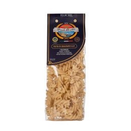 Eliche di semola di grano duro Pasta di Gragnano I.G.P., caratterizzate dalla tipica forma a spirale e dalla superficie ruvida trafilata al bronzo. Pasta secca confezionata in pratico sacchetto trasparente che valorizza il formato e il colore naturale del