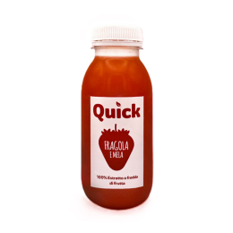 Estratto a freddo Quick fragola e mela, bevanda naturale 100% frutta dal sapore dolce e piacevole. Venduto da Orobica Food.