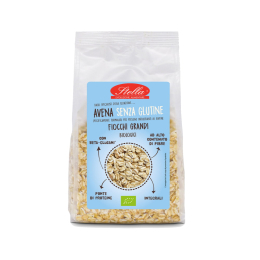 Fiocchi di avena biologici senza glutine dalla forma ampia e appiattita, con consistenza rustica e naturale. Il packaging trasparente permette di vedere chiaramente la texture integrale del prodotto. Venduto da Orobica Food.
