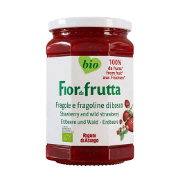 Vasetto di confettura biologica Fiordifrutta fragole e fragoline di bosco Rigoni di Asiago, gusto fruttato e profumato, perfetta per colazioni e dessert. Venduto da Orobica Food.