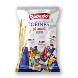 Grissini Torinesi Roberto “gli Stirati” in busta multipack, con pratiche bustine monoporzione all’interno, ideali per aperitivi e servizio professionale. Venduto da Orobica Food.