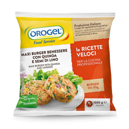 Maxi burger benessere con quinoa e semi di lino surgelati Orogel Food Service, alternativa vegetale gustosa e nutriente per la cucina professionale. Venduto da Orobica Food.