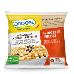 Confezione Orogel Food Service di melanzane a cubetti prefritte surgelate, formato da 1 kg. Venduto da Orobica Food.