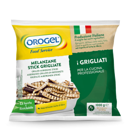 Confezione Orogel Food Service di melanzane stick grigliate surgelate, formato da 1 kg. Venduto da Orobica Food.