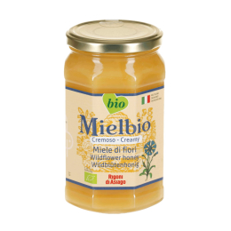 Barattolo di miele millefiori biologico Mielbio Rigoni di Asiago, dalla consistenza cremosa e gusto delicato, perfetto per colazioni e ricette dolci. Venduto da Orobica Food.