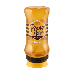 Flacone squeeze di miele millefiori Piano Miele, pratico e dosabile, ideale per uso quotidiano. Venduto da Orobica Food.