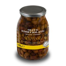 Olive denocciolate qualità Anfosso conservate in olio extravergine di oliva in barattolo. Venduto da Orobica Food.