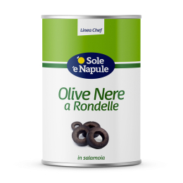 Lattina Linea Chef Sole e Napule di olive nere a rondelle in salamoia, ideali per pizza e insalate. Venduto da Orobica Food.