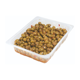 Olive verdi schiacciate piccanti in olio di semi di girasole, confezionate in vaschetta. Venduto da Orobica Food.