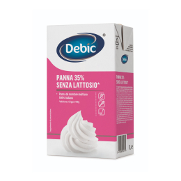 Cartone tetra pack da 1L di panna UHT da cucina 35% senza lattosio "Debic". Venduto da Orobica Food.