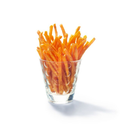Patate dolci prefritte taglio fiammifero, sottili e croccanti, ideali per fritture veloci e contorni sfiziosi dal gusto delicatamente dolce. Venduto da Orobica Food.