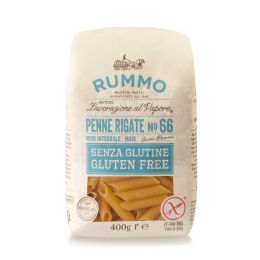 Confezione Rummo di penne rigate n.66 senza glutine da 400 g, a base di riso integrale e mais, perfette per un’alimentazione gluten free. Venduto da Orobica Food.