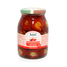 Vaso Belotti di peperoncini ripieni al tonno in olio di girasole da 1062 ml, ideali come antipasto sfizioso o per aperitivi. Venduto da Orobica Food.