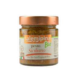Vasetto di vetro contenente pesto siciliano. Venduto da Orobica Food.