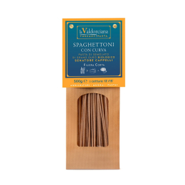 Confezione da 500 g di spaghettoni biologici con curva in semolato di grano duro, in cartoncino marrone chiaro con marchio "La Valdorciana". Venduto da Orobica Food.