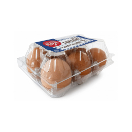 Confezione di plastica R-PET riciclato 75% da 6 uova, vario calibro, dell'Uovo del podere, vendute da Orobica Food.